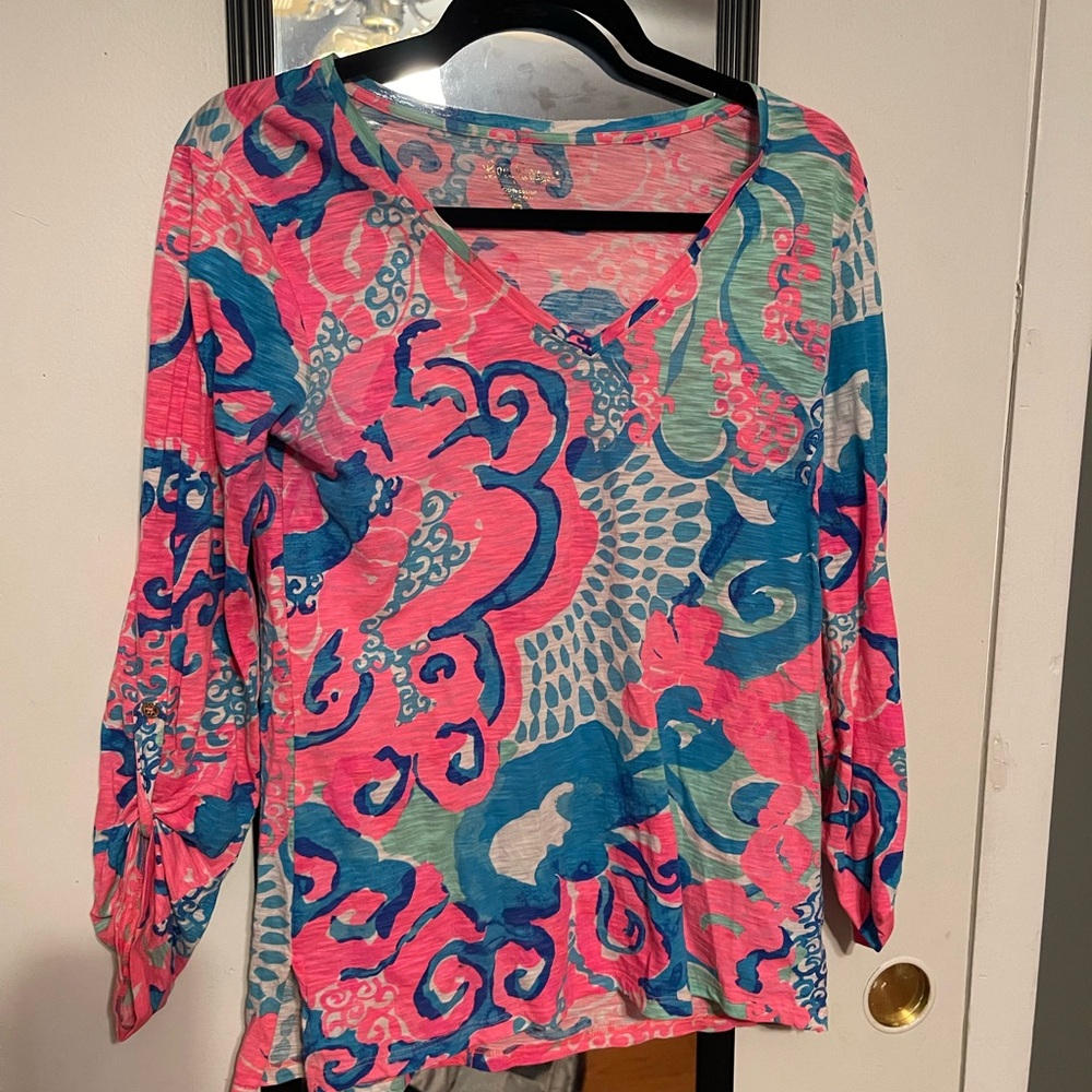 Lilly Pulitzer Pink and Blue Graphic 3/4 Sleeve Blouse